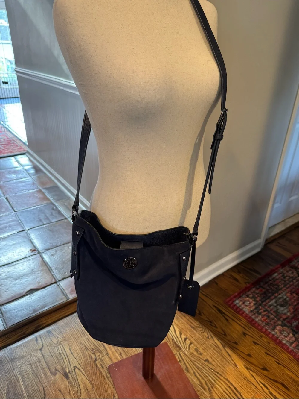 Marc Jacobs Pebbled Leather and suede bucket crossbody bag.